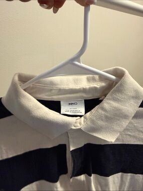 Mango Black and Cream Striped Long-Sleeve Polo
